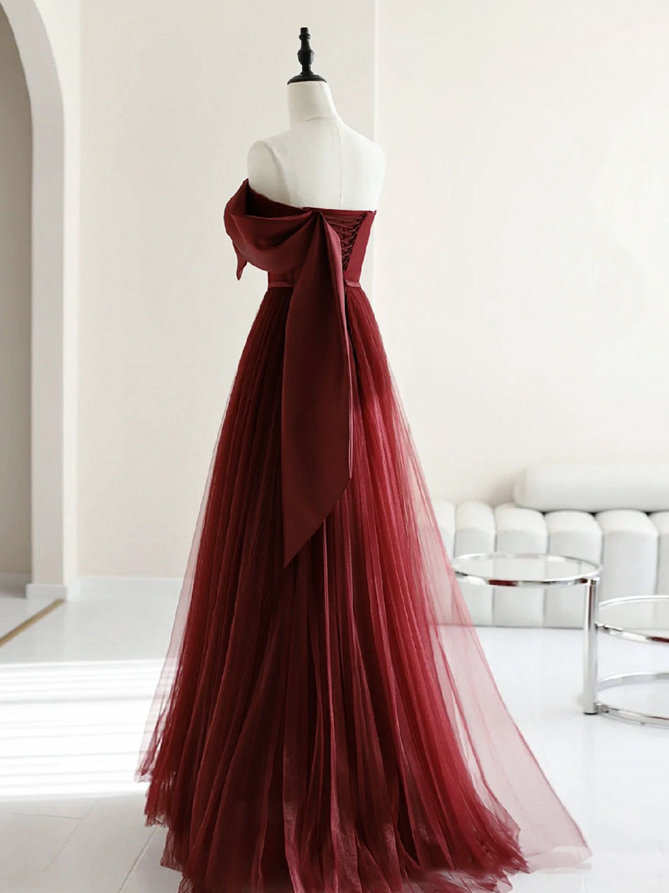 BURGUNDY A-LINE TULLE DRESS FOR WEDDING GUEST