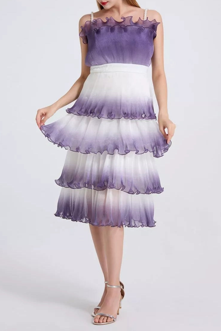 PURPLE GRADIENT RUFFLE LAYERED MINI DRESS