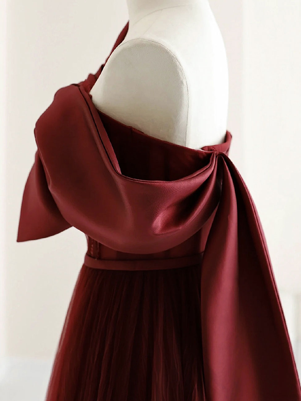 BURGUNDY A-LINE TULLE DRESS FOR WEDDING GUEST