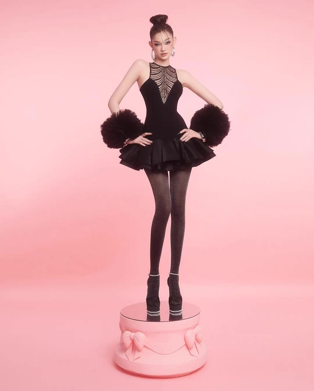 JESSICA SEQUIN TULLE MINI DRESS BLACK