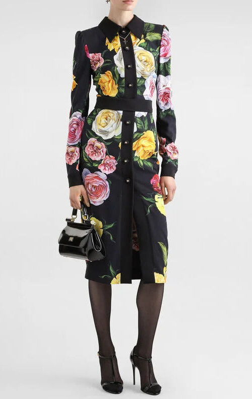 bernice rose print shirt midi dress in black bernice rose print shirt midi dress in black
