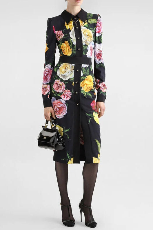 88370c6e-208e-4240-a1cc-f2264dab0e5d BERNICE ROSE PRINT SHIRT MIDI DRESS BLACK