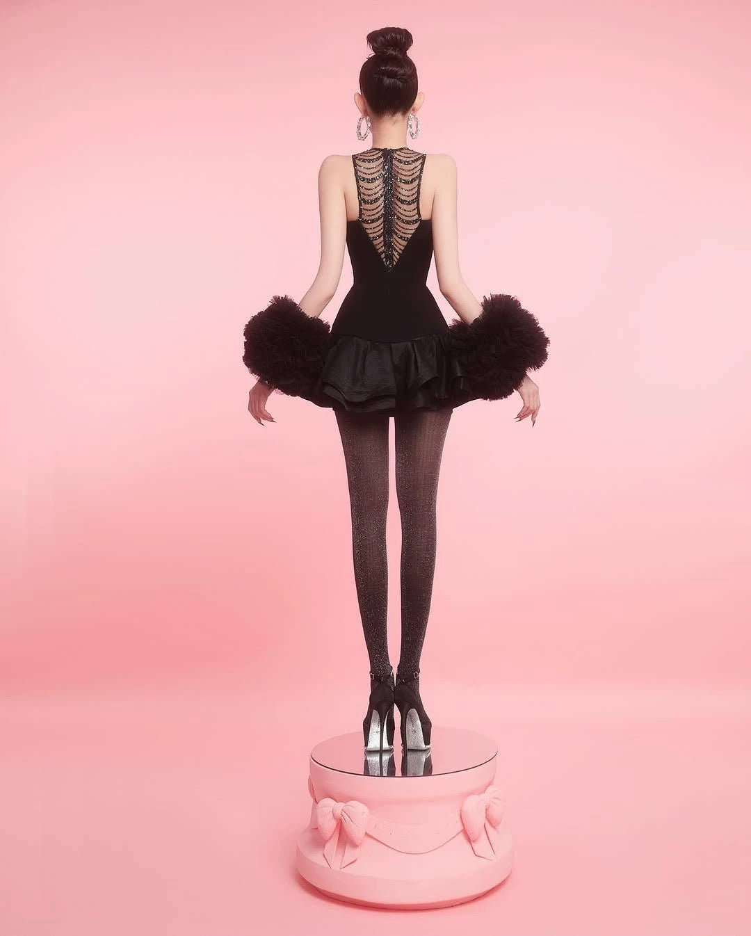 JESSICA SEQUIN TULLE MINI DRESS BLACK