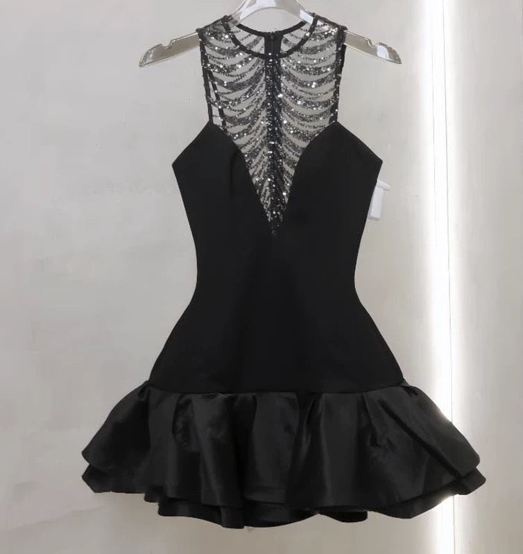 JESSICA SEQUIN TULLE MINI DRESS BLACK