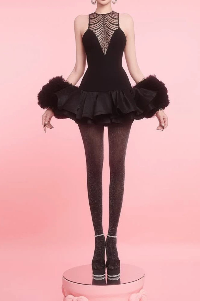 JESSICA SEQUIN TULLE MINI DRESS BLACK