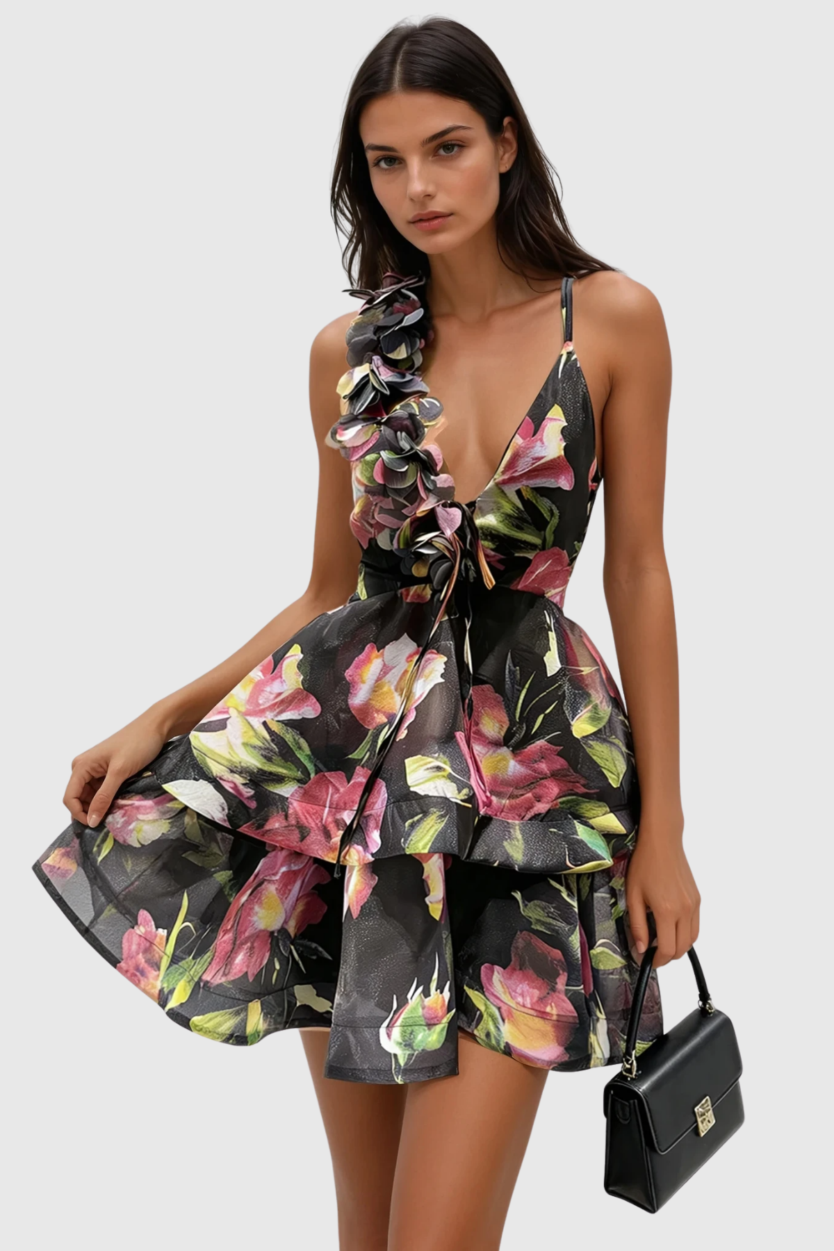 PERA FLORAL APPLIQUÉ RUFFLE MINI DRESS BLACK