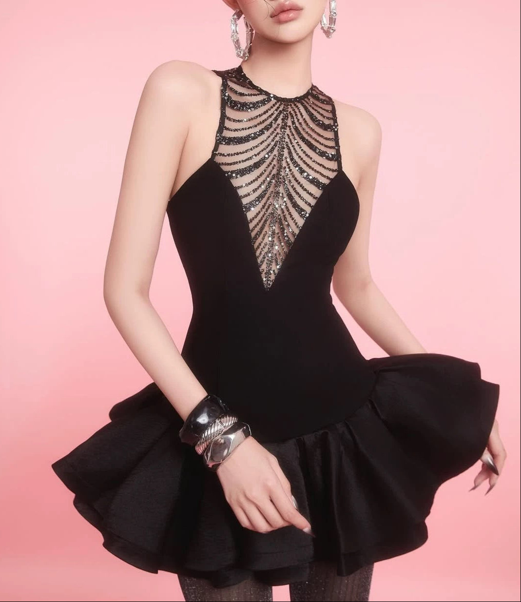 JESSICA SEQUIN TULLE MINI DRESS BLACK
