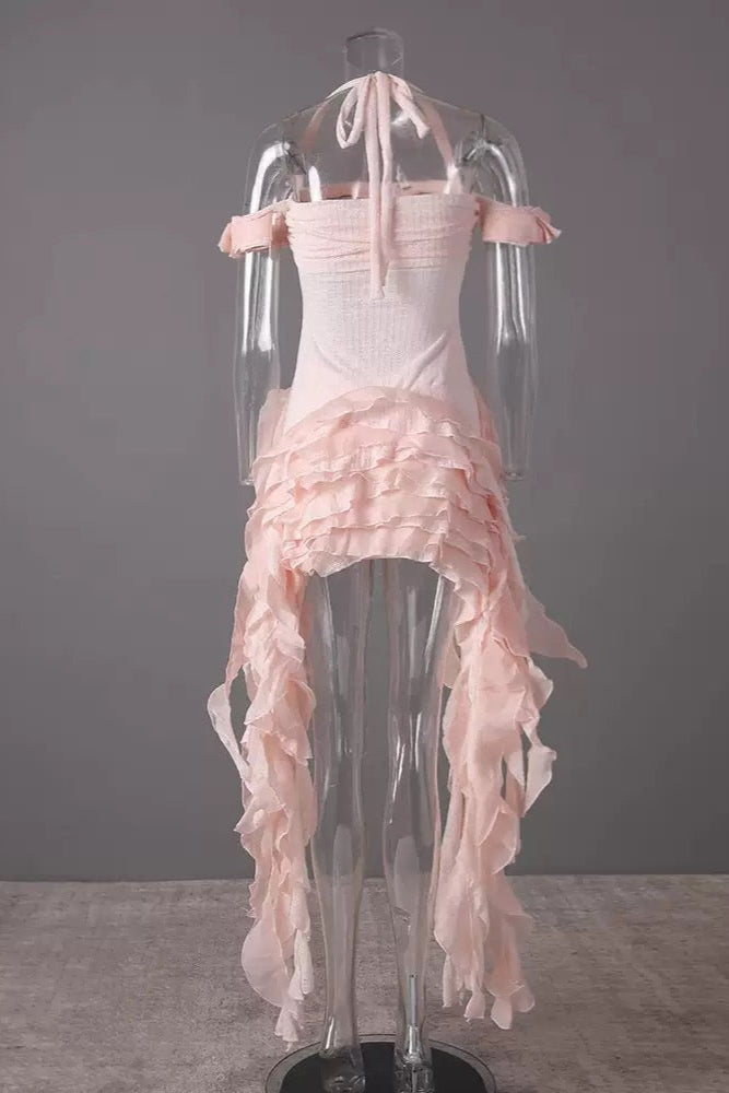 VINTAGE PINK CORSET DRESS, RUFFLED BUSTIER, FLOWING SIDE DETAILS