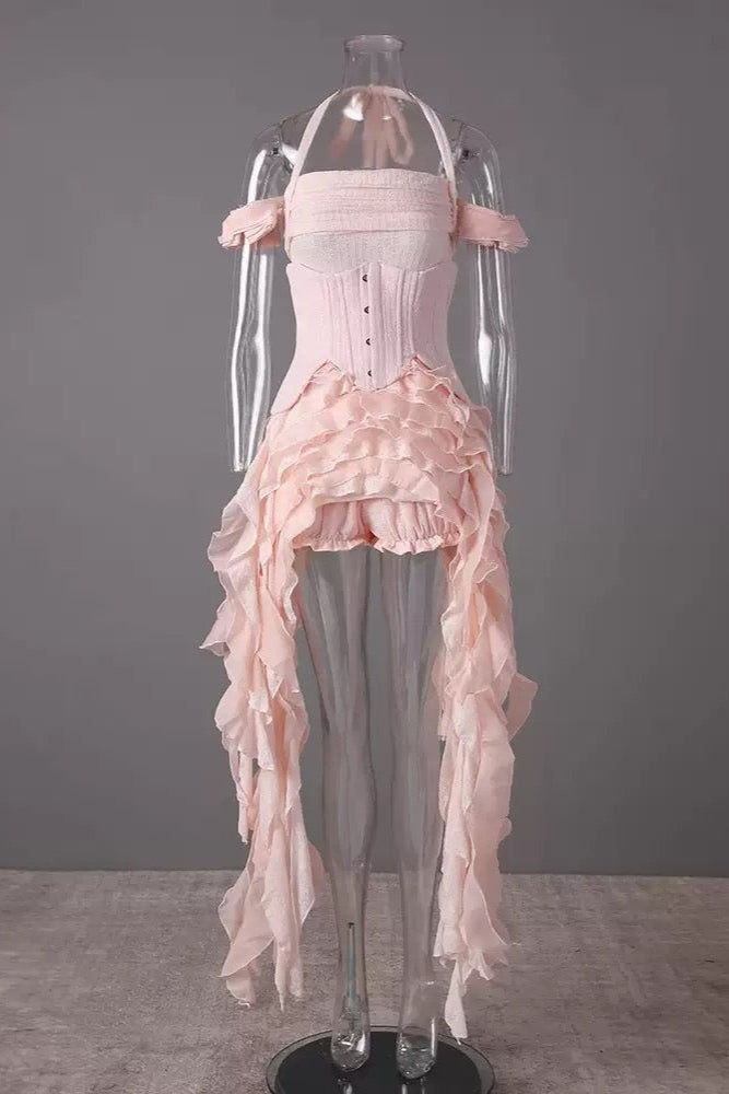 VINTAGE PINK CORSET DRESS, RUFFLED BUSTIER, FLOWING SIDE DETAILS