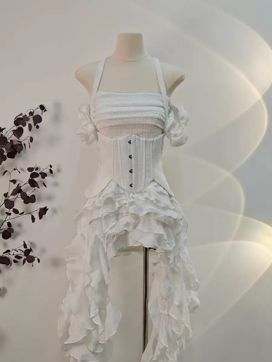 BAHA RUCH RUFFLE FRINGE WHITE MINI DRESS