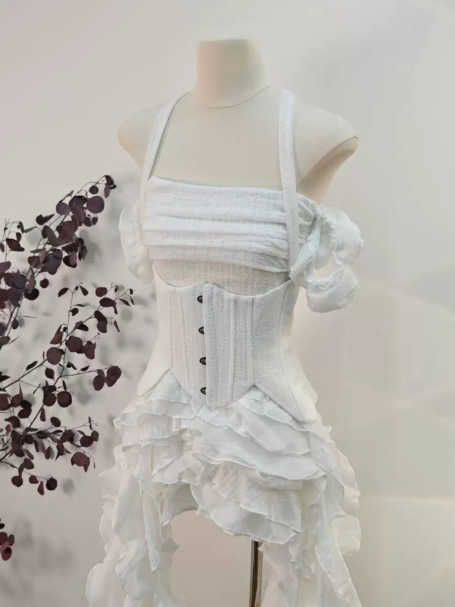 BAHA RUCH RUFFLE FRINGE WHITE MINI DRESS