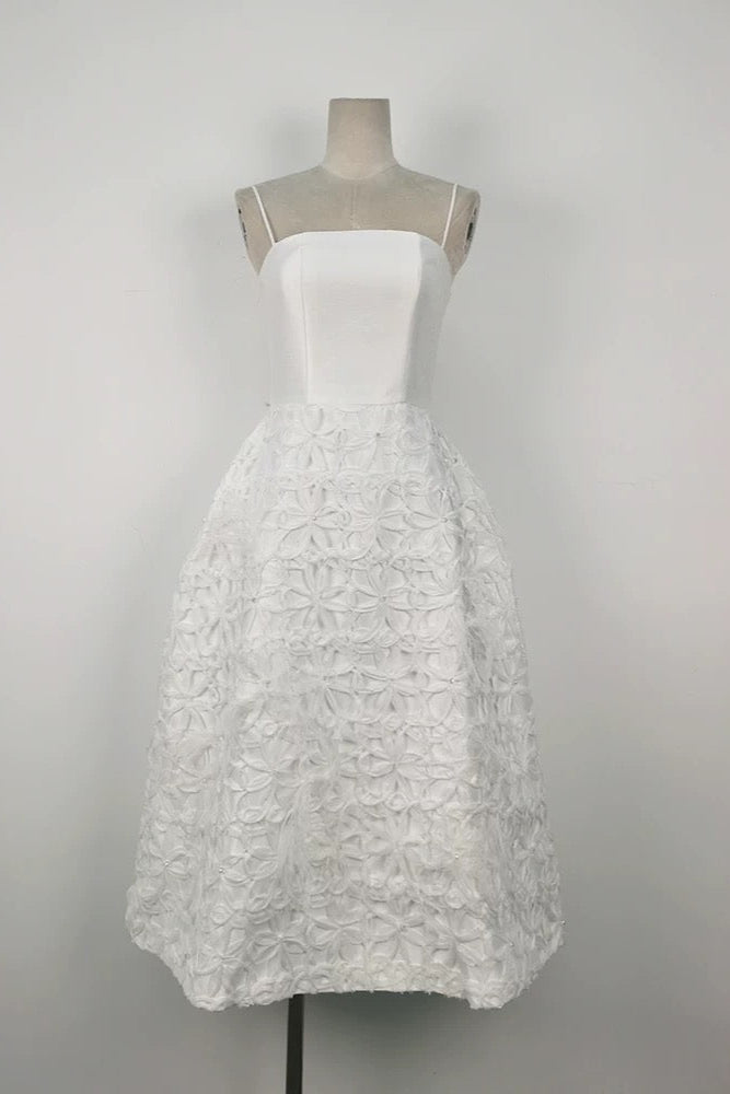 WHITE STRAPLESS MIDI DRESS WITH FLORAL EMBELLISHMENT FOR WEDDING