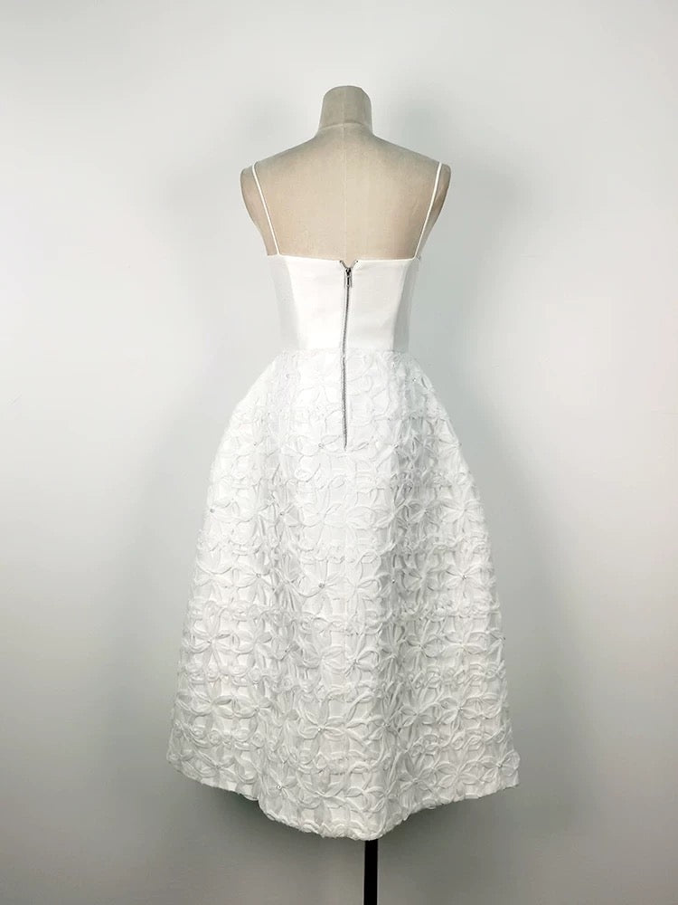 WHITE STRAPLESS MIDI DRESS WITH FLORAL EMBELLISHMENT FOR WEDDING