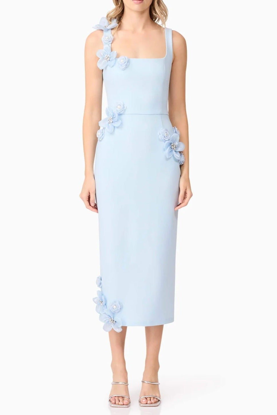 889aeaee-8b99-436f-87fe-b27e7e5eb3e1 SABRINA 3D FLOWER MIDI DRESS BLUE WEDDING GUEST