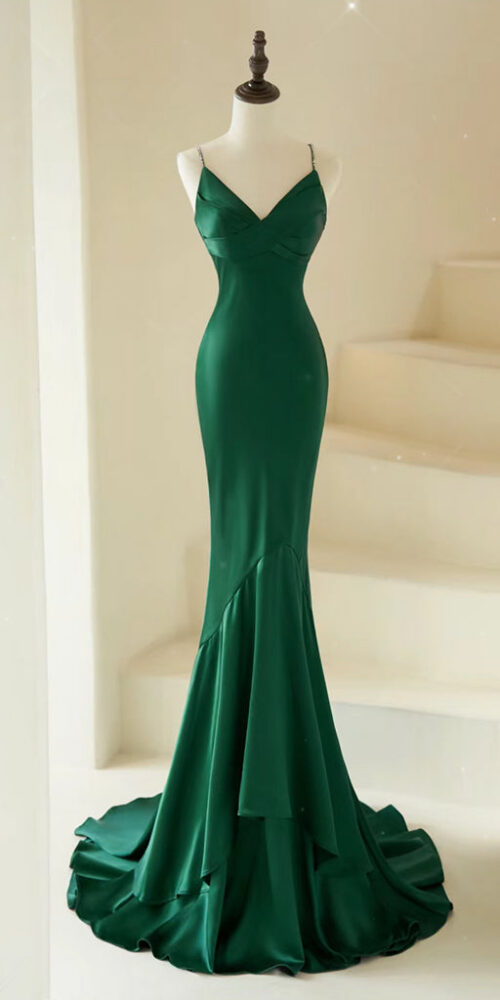 Mermaid V Neck Satin Green Prom Dress Mermaid V Neck Satin Green Prom Dress