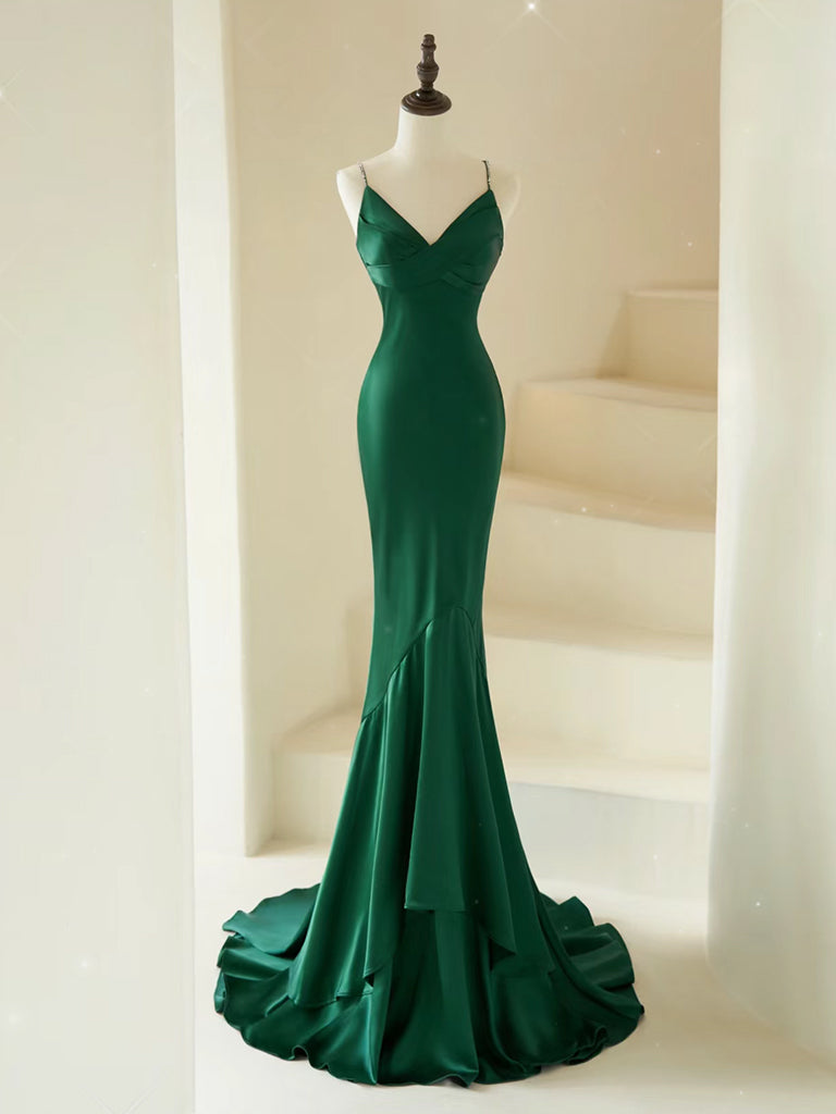 Mermaid V Neck Satin Green Prom Dress
