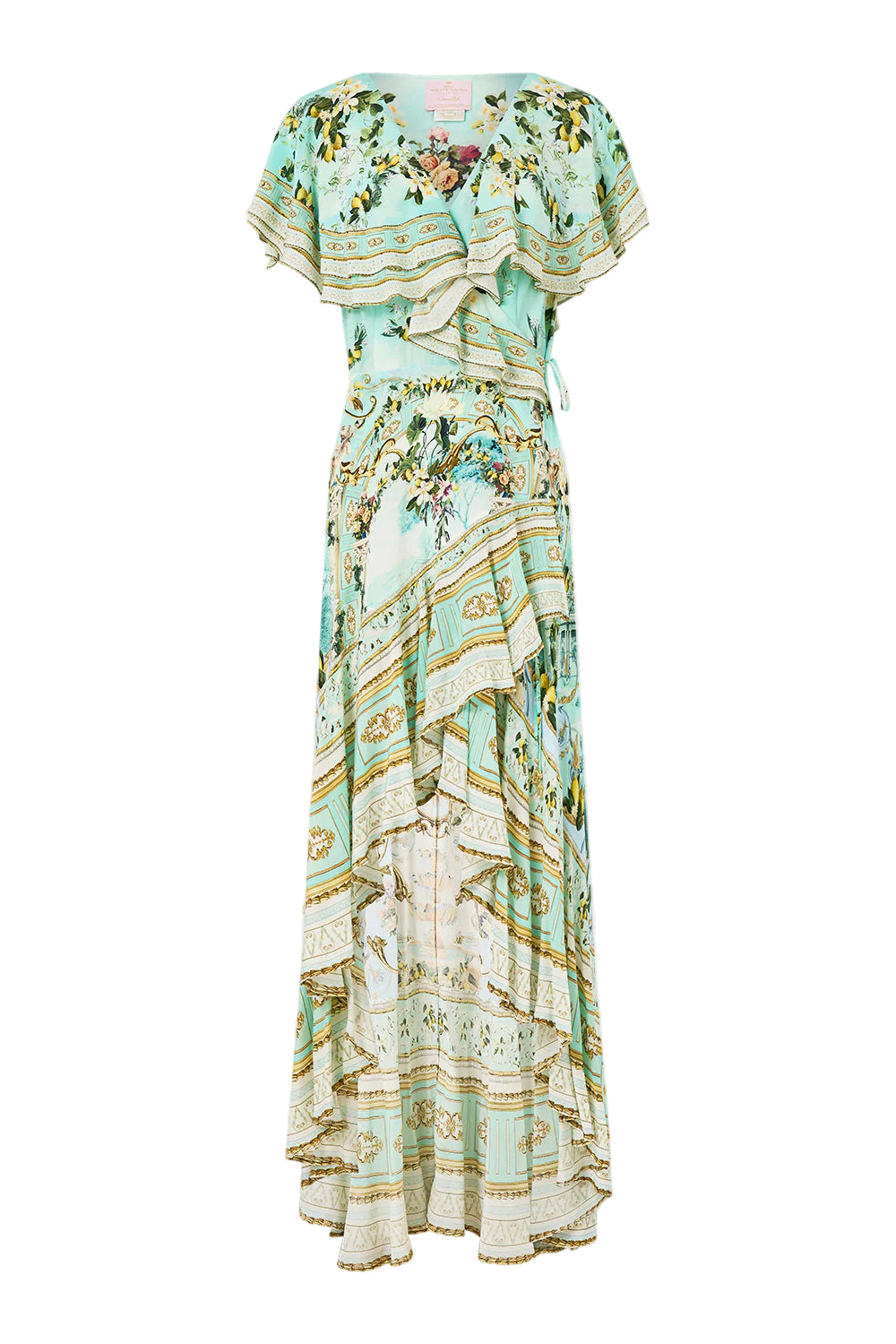 GREEN MULTI PRINTED RUFFLED V-NECK MAXI DRESS