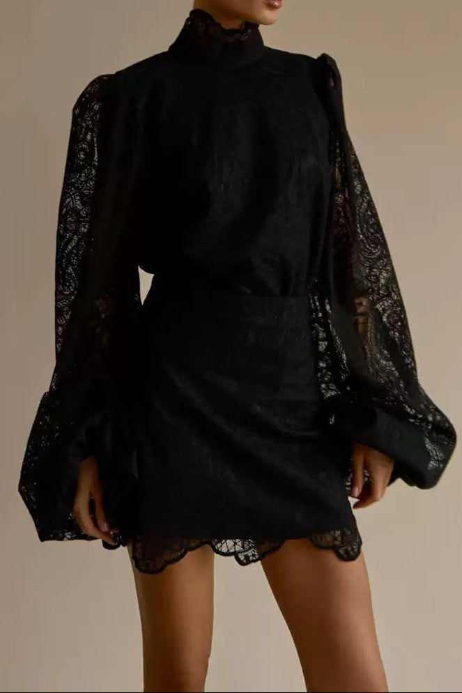 BLACK LACE PUFF SLEEVE TOP & A-LINE SKIRT SET
