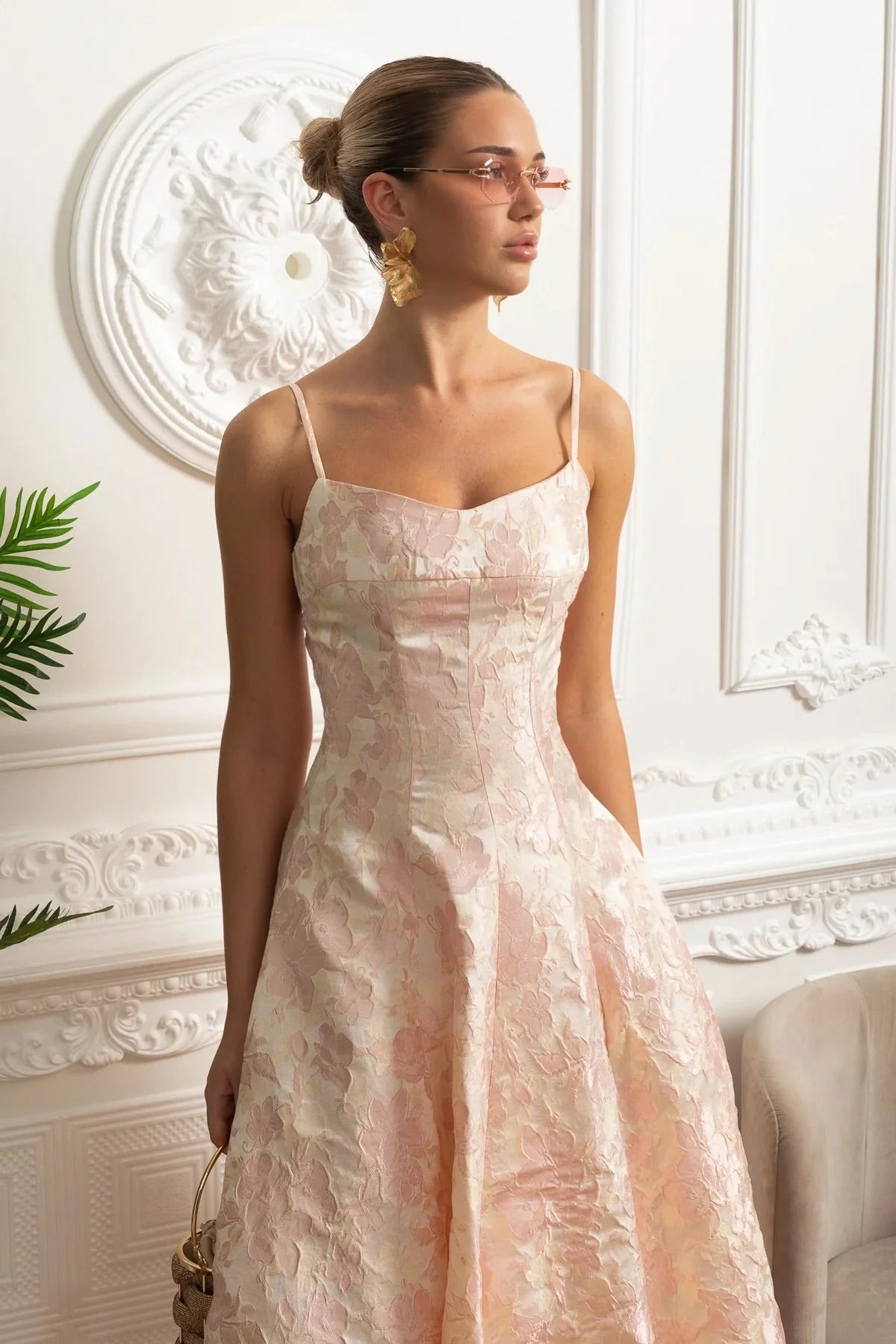 LAUREN FLORAL JACQUARD MIDI DRESS - BLUSH PINK