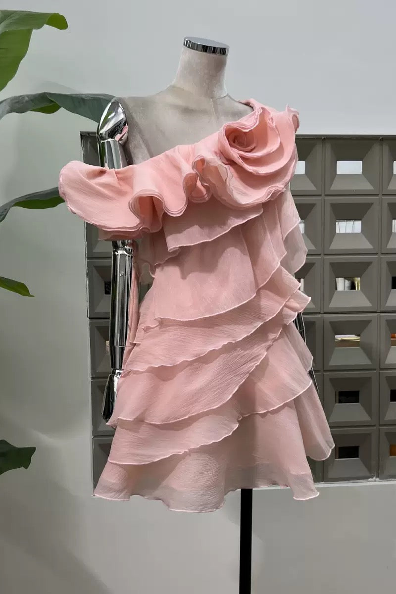 SHELYN FLOWER ONE-SHOULDER RUFFLE MINI DRESS PINK