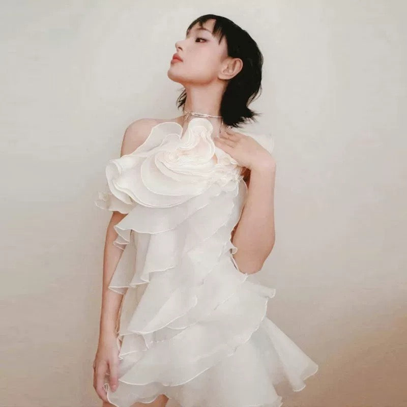 SHELYN BEIGE ONE SHOULDER RUFFLE MINI DRESS