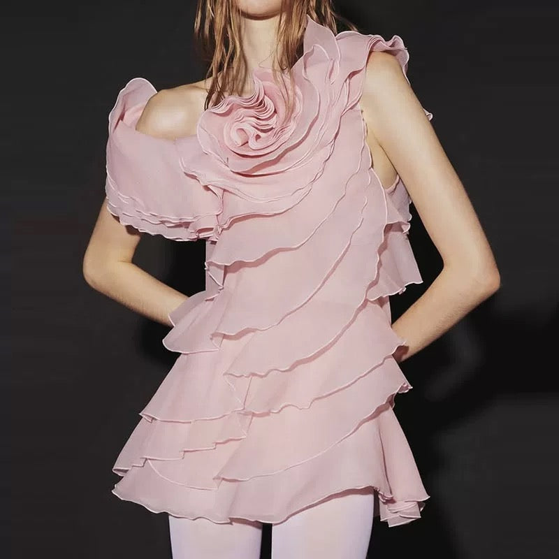 SHELYN BEIGE ONE SHOULDER RUFFLE MINI DRESS