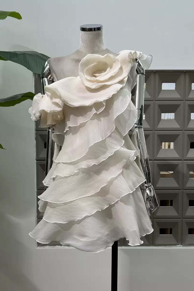 SHELYN BEIGE ONE SHOULDER RUFFLE MINI DRESS