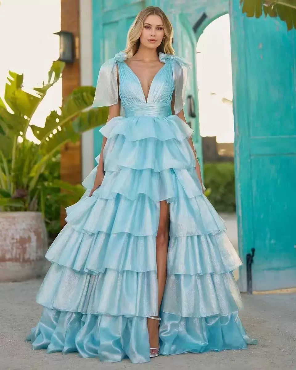 PRINCESS A-LINE V-NECK TIERED PROM SLIT DRESS