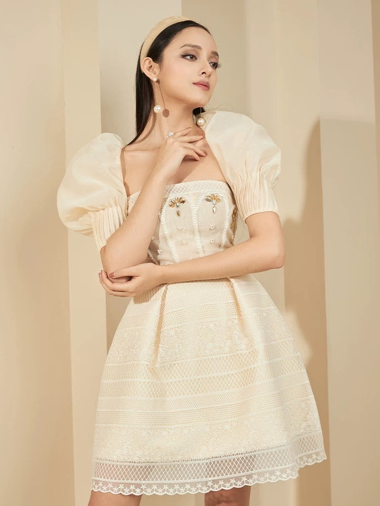 TERESA BEIGE LACE A-LINE MINI DRESS