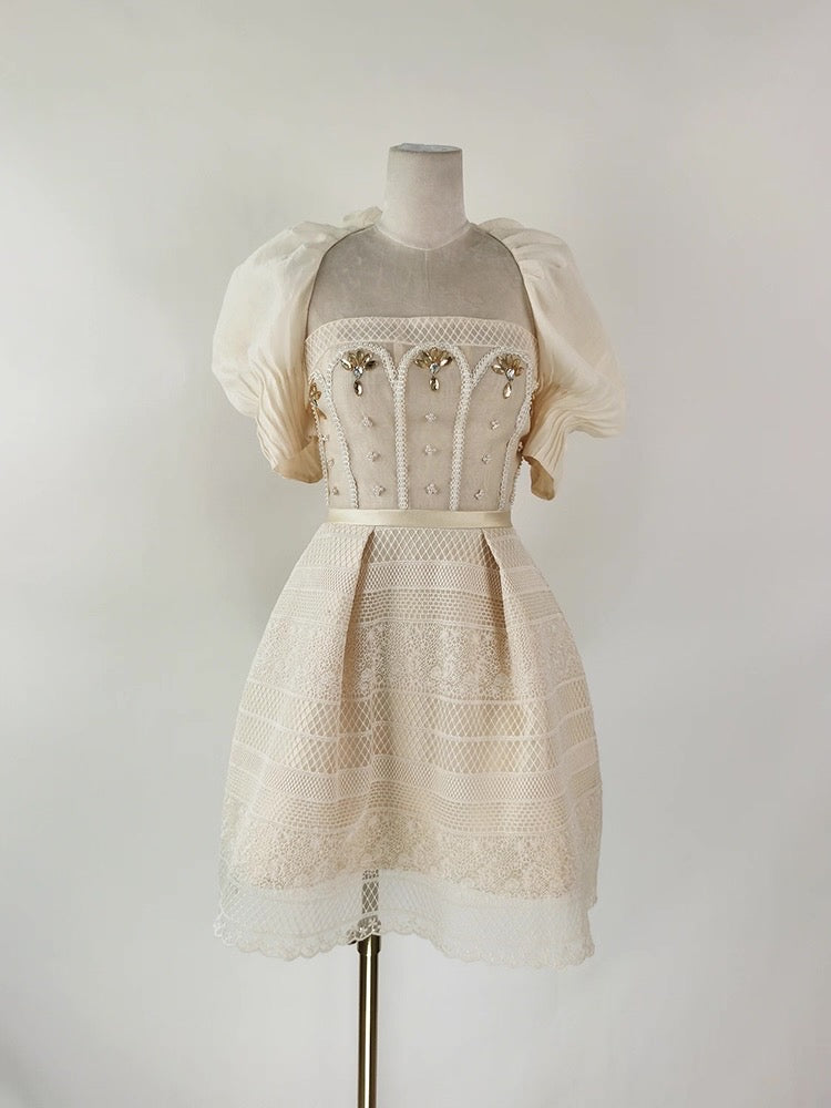 TERESA BEIGE LACE A-LINE MINI DRESS