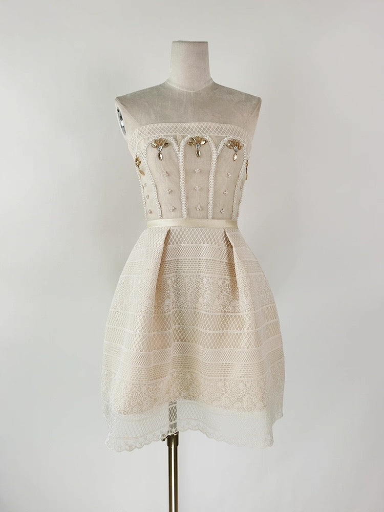 TERESA BEIGE LACE A-LINE MINI DRESS