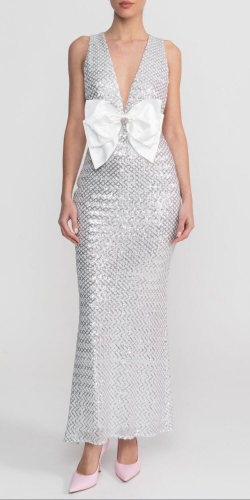 Sequin Maxi Dress With Satin Bow Detail - Light Grey