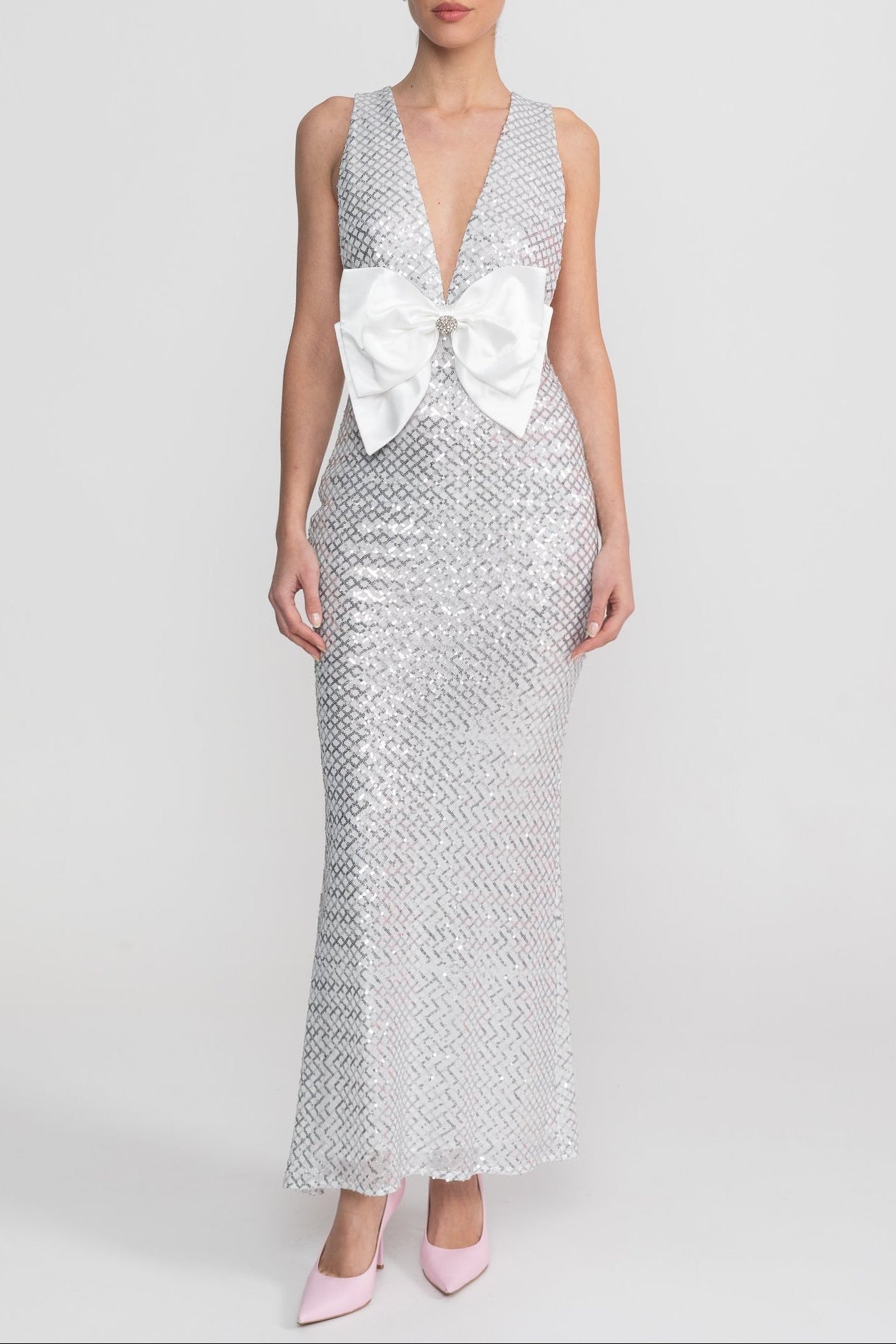SATIN BOW SEQUIN MAXI DRESS, GREY FORMAL GOWN