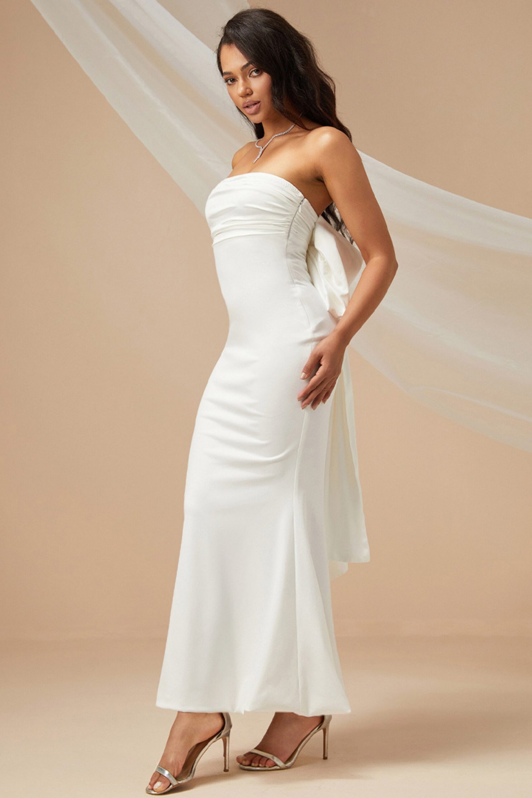 MERMAID BOW MIDI DRESS, WHITE, WEDDING GUEST
