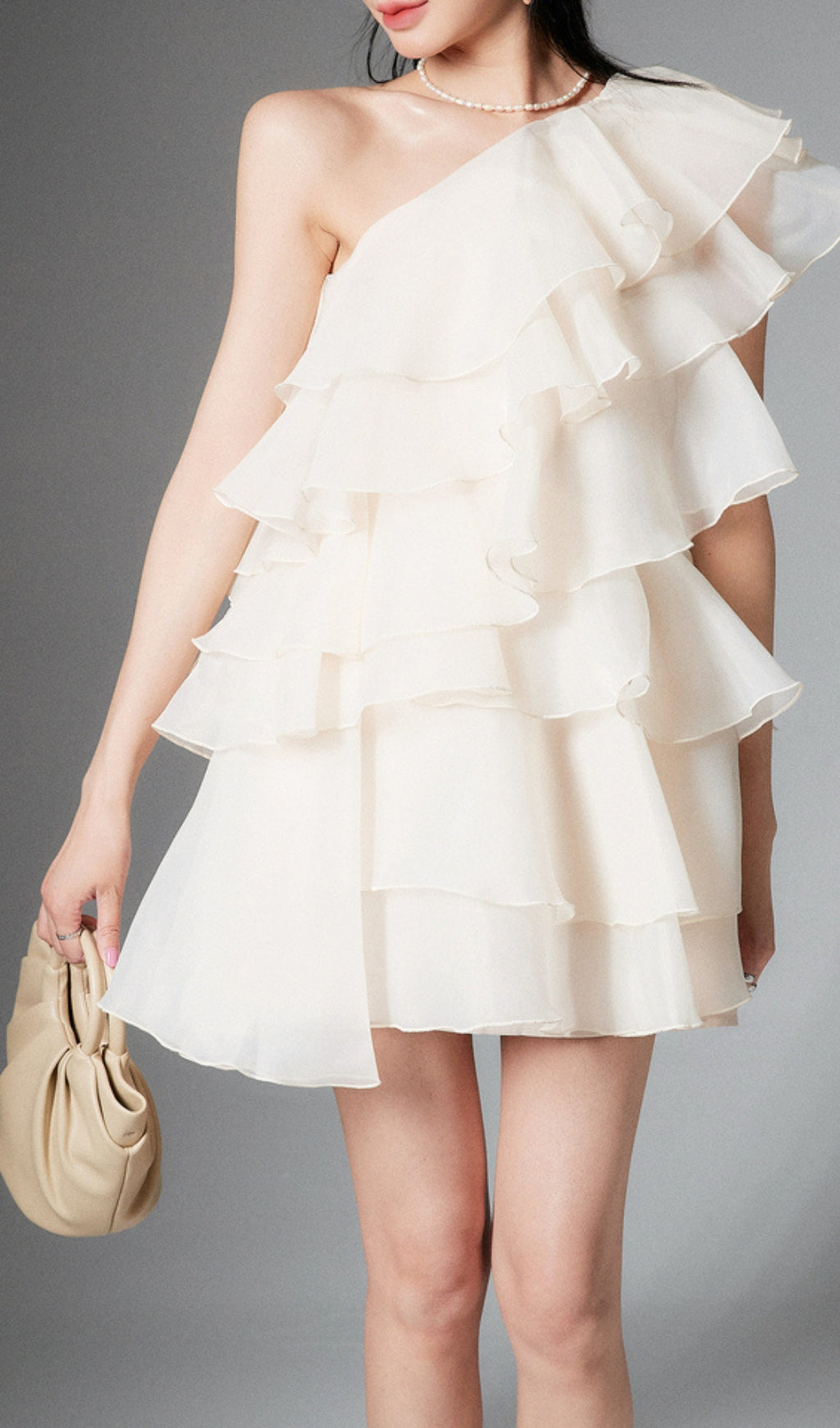 CAP SLEEVE ONE-SHOULDER TIERED MINI DRESS