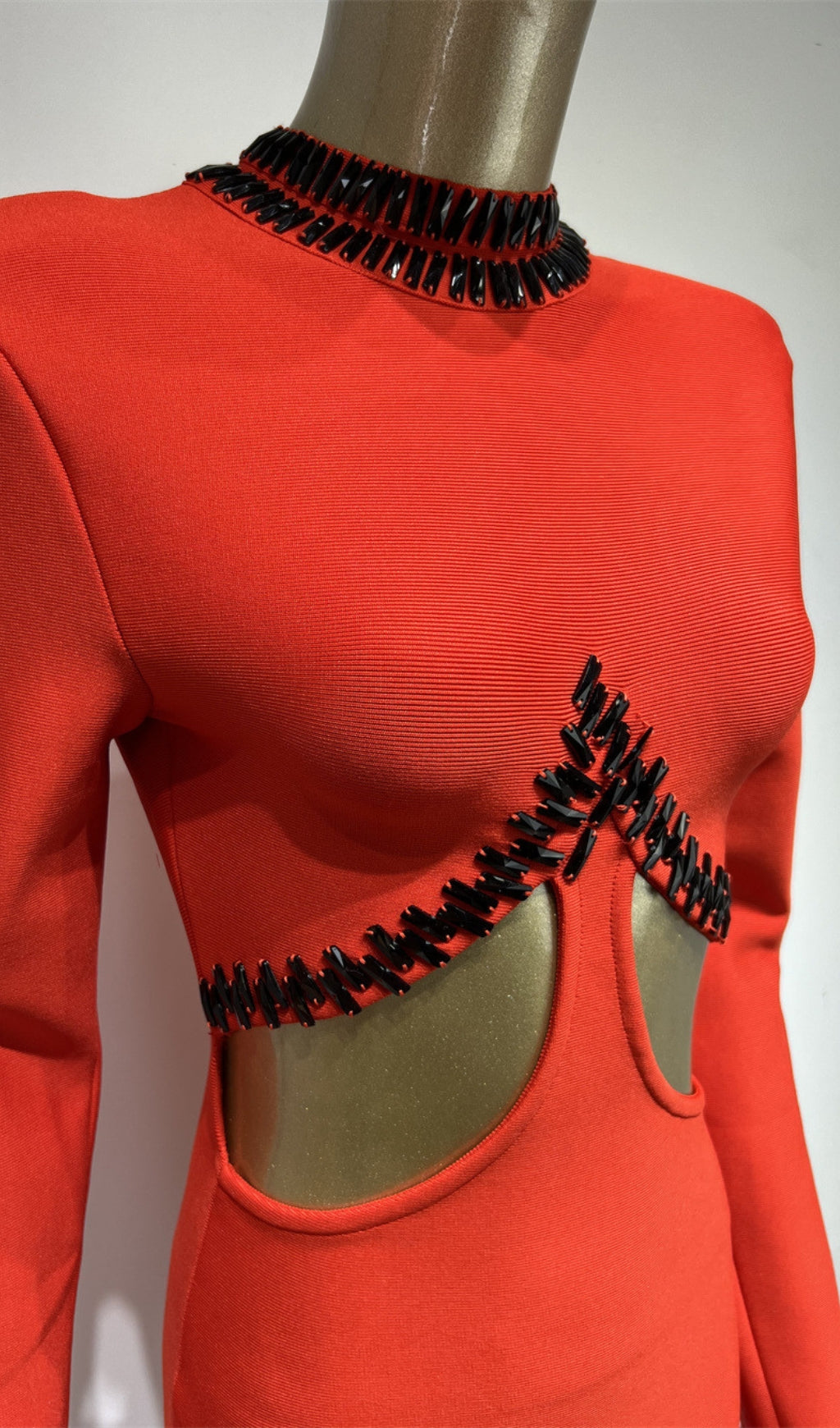 RHINESTONE CUTOUT FEATHER BANDAGE DRESS RED
