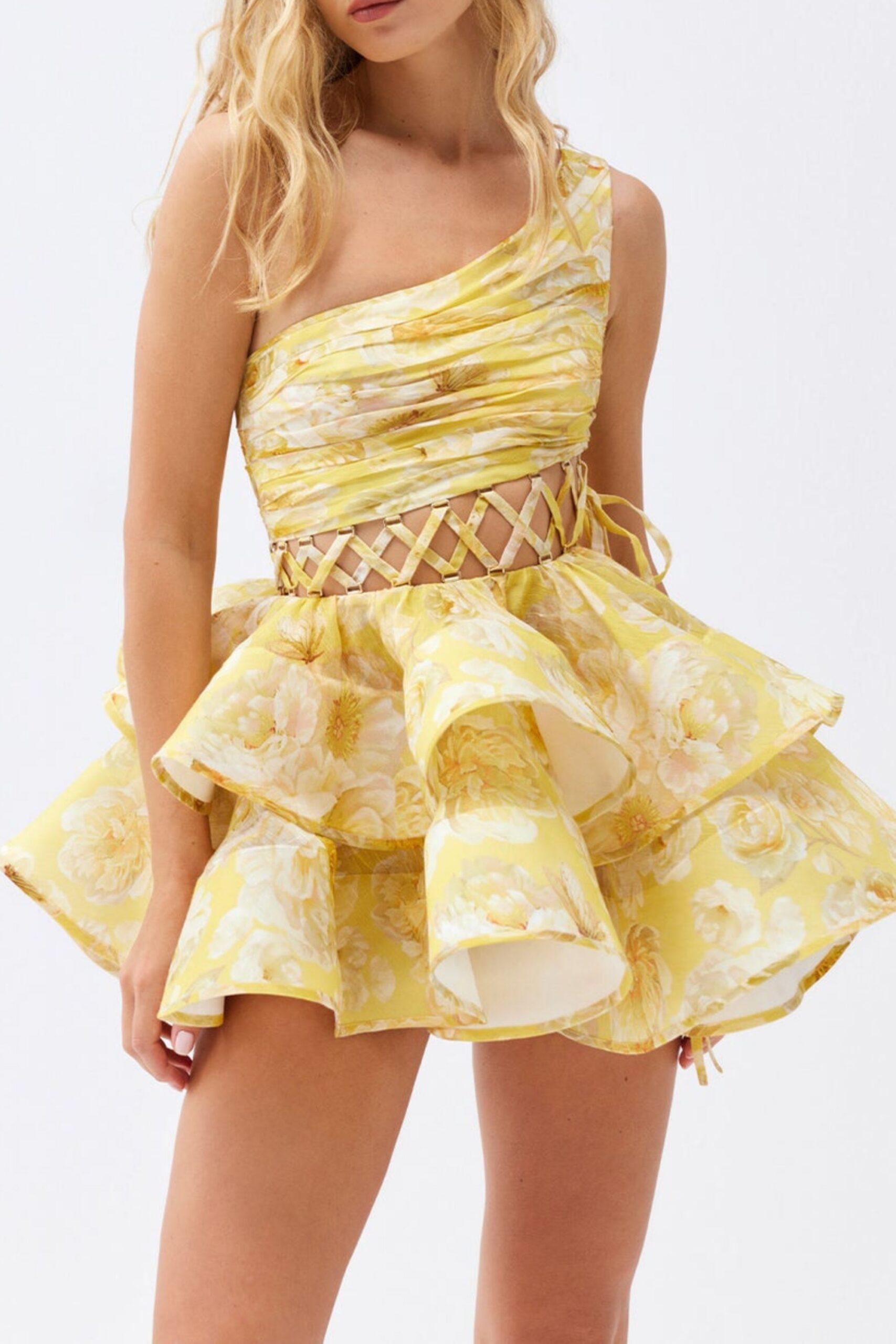 YELLOW FLORAL ONE-SHOULDER MINI DRESS