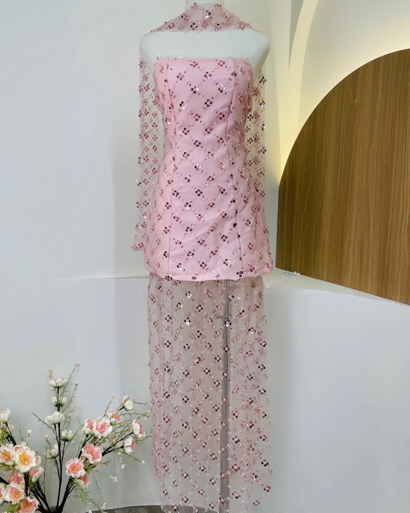 ALBERTA STRAPLESS SEQUIN PEARL MINI DRESS PINK