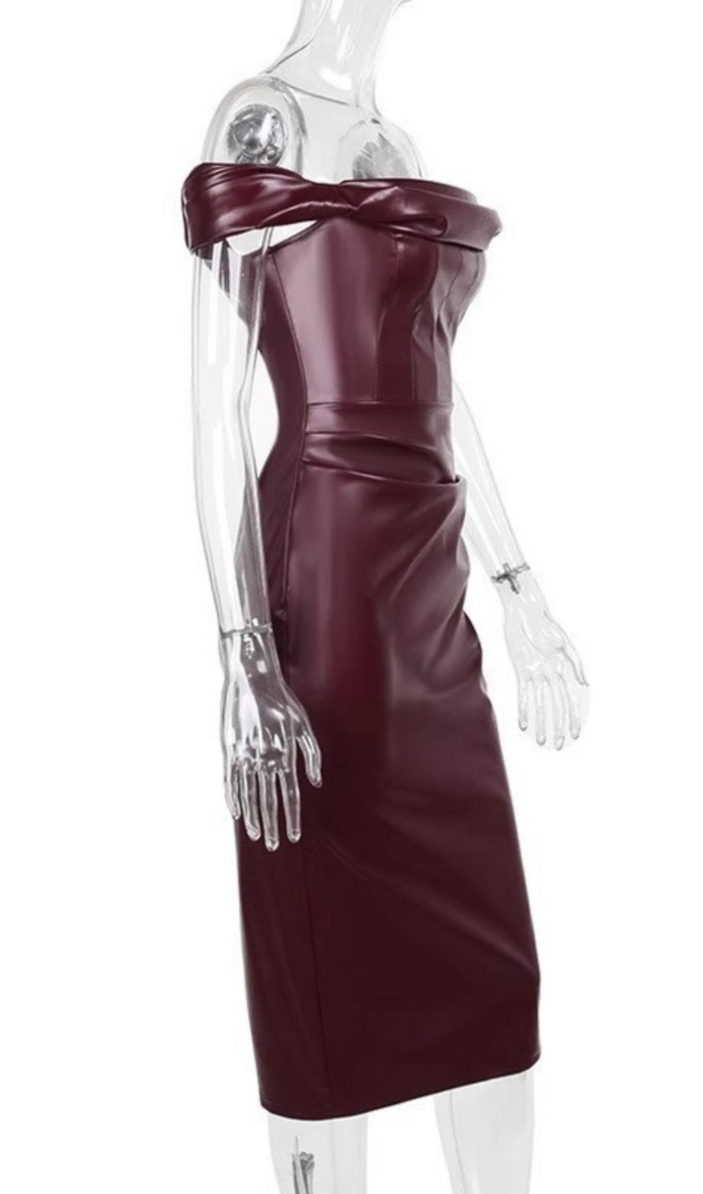 OFF SHOULDER RUCHED LEATHER DRESS FOR PARTY