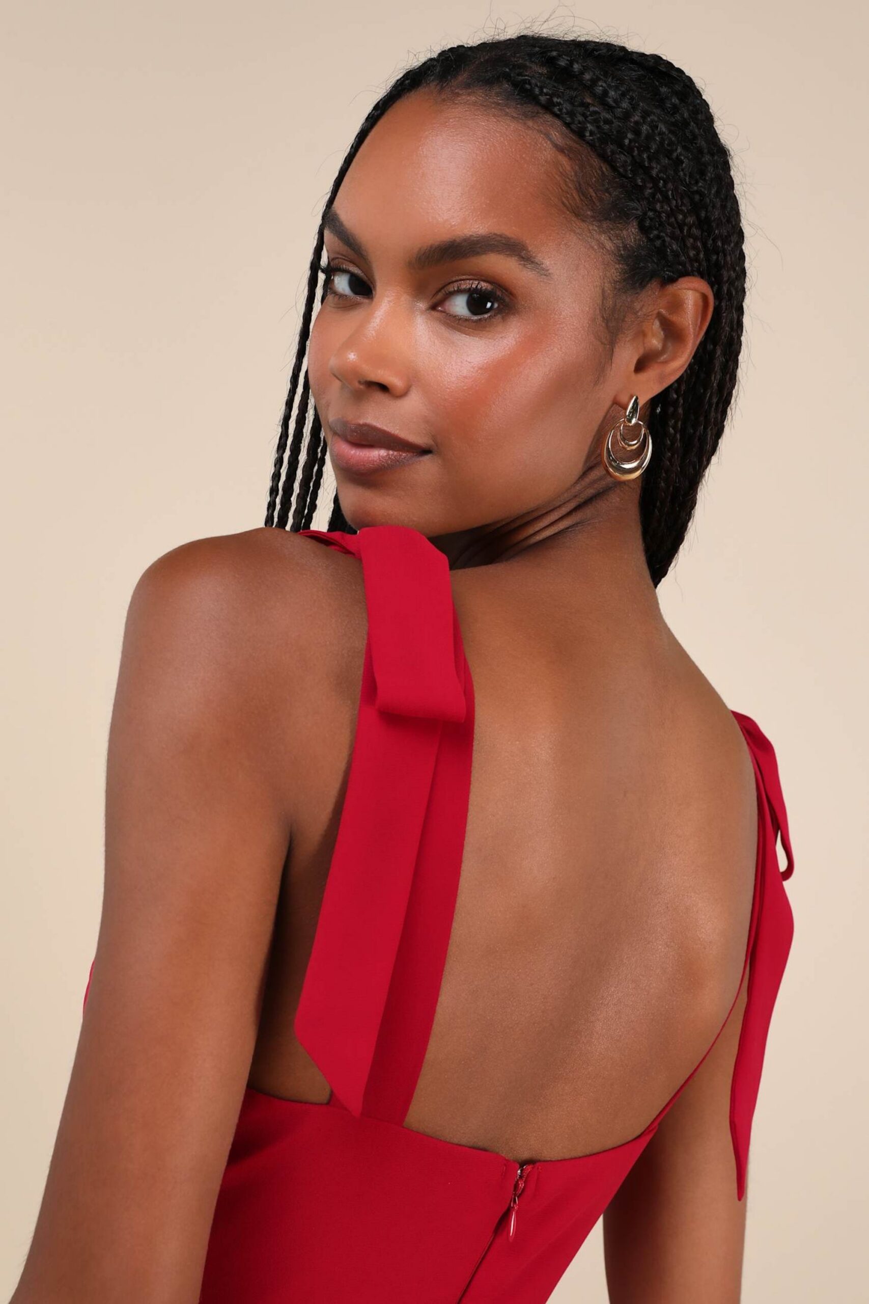 BERRY RED TIE-STRAP A-LINE MIDI DRESS