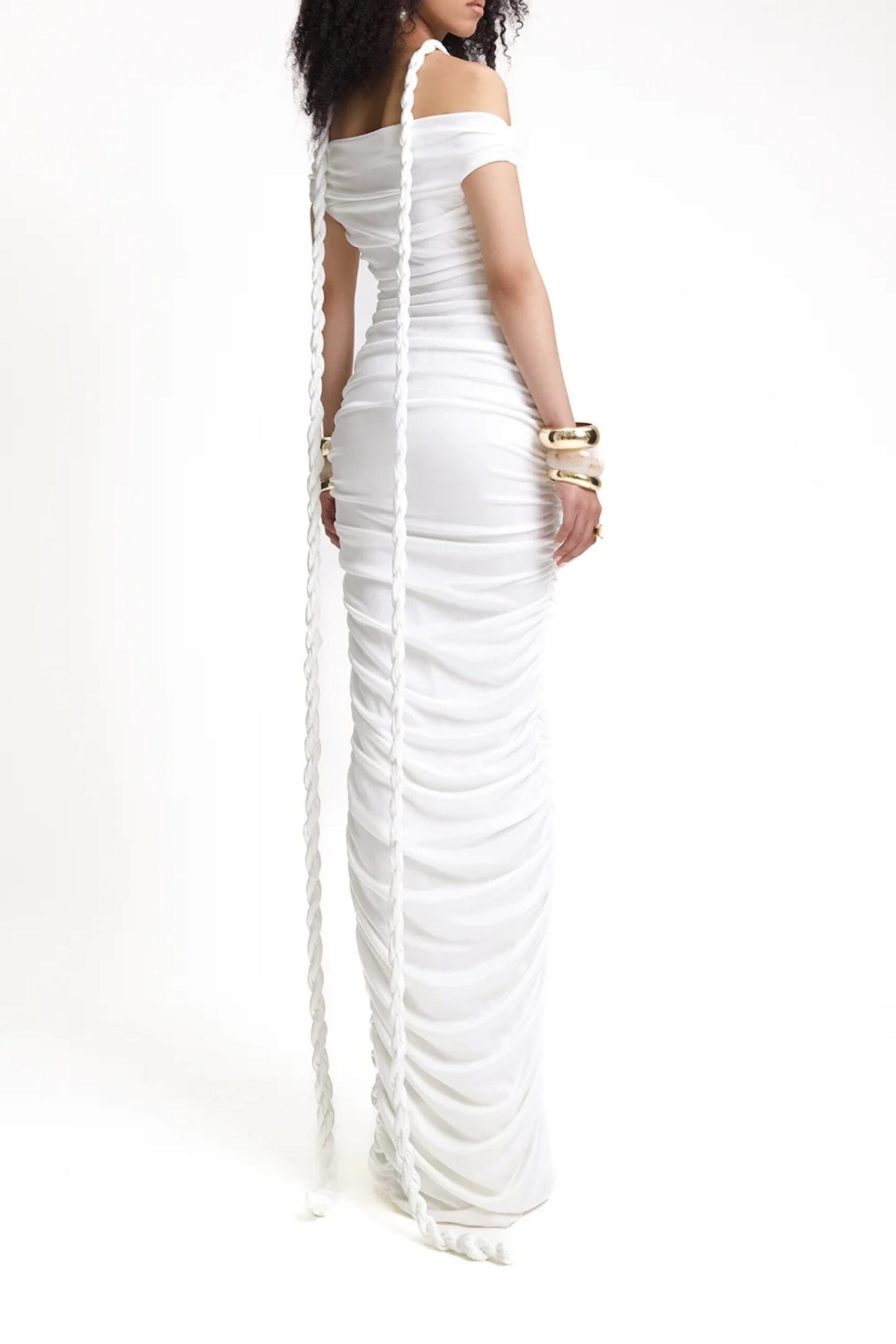 WHITE OFF SHOULDER BANDAGE MAXI DRESS