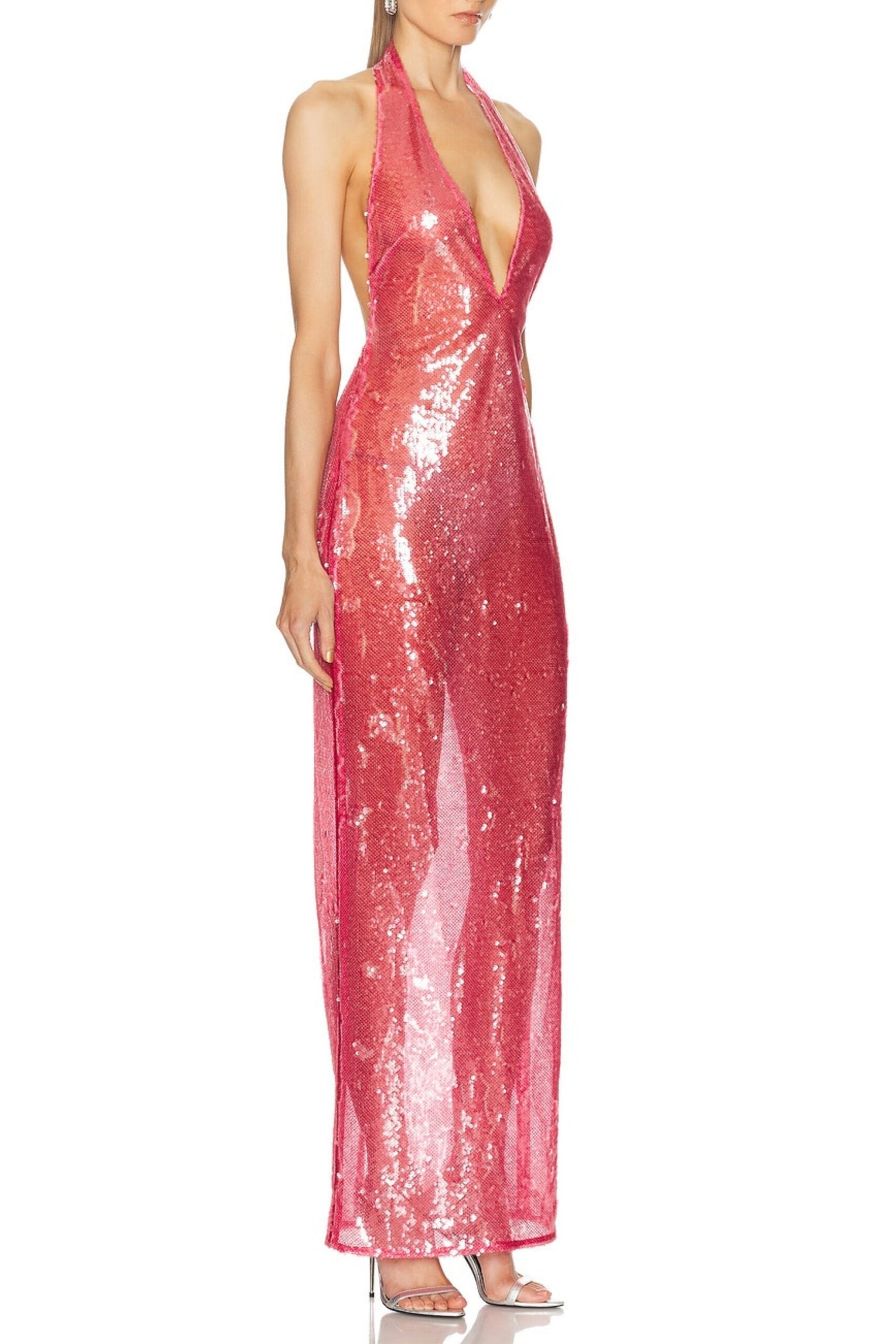 ZORA SHEER SEQUIN V-NECK GOWN PINK RED