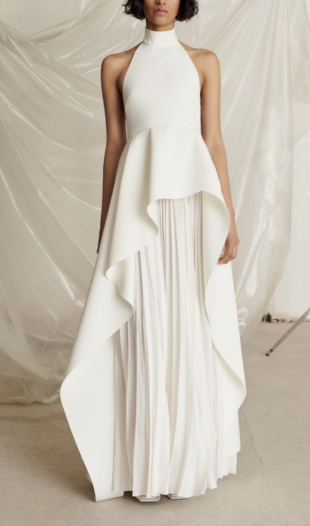 WHITE BANDAGE HALTER ASYMMETRIC MAXI DRESS