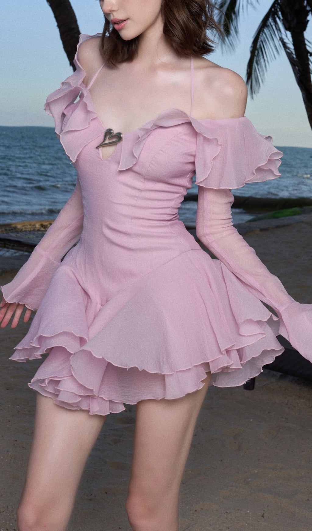 RUFFLED PINK HALTER MINI DRESS FOR PARTY