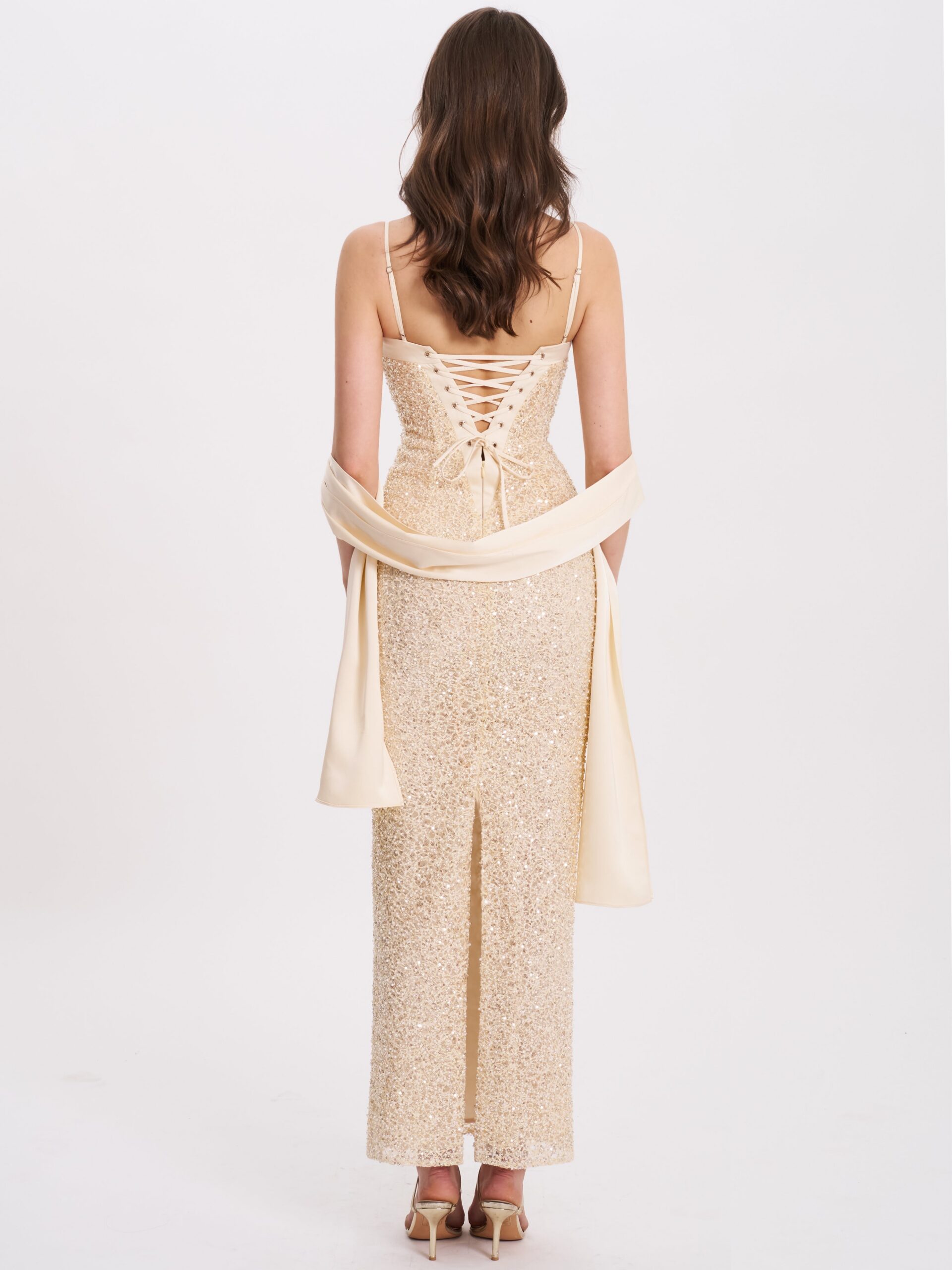 GOLD BEADED SEQUIN BODYCON GOWN WITH SCARF