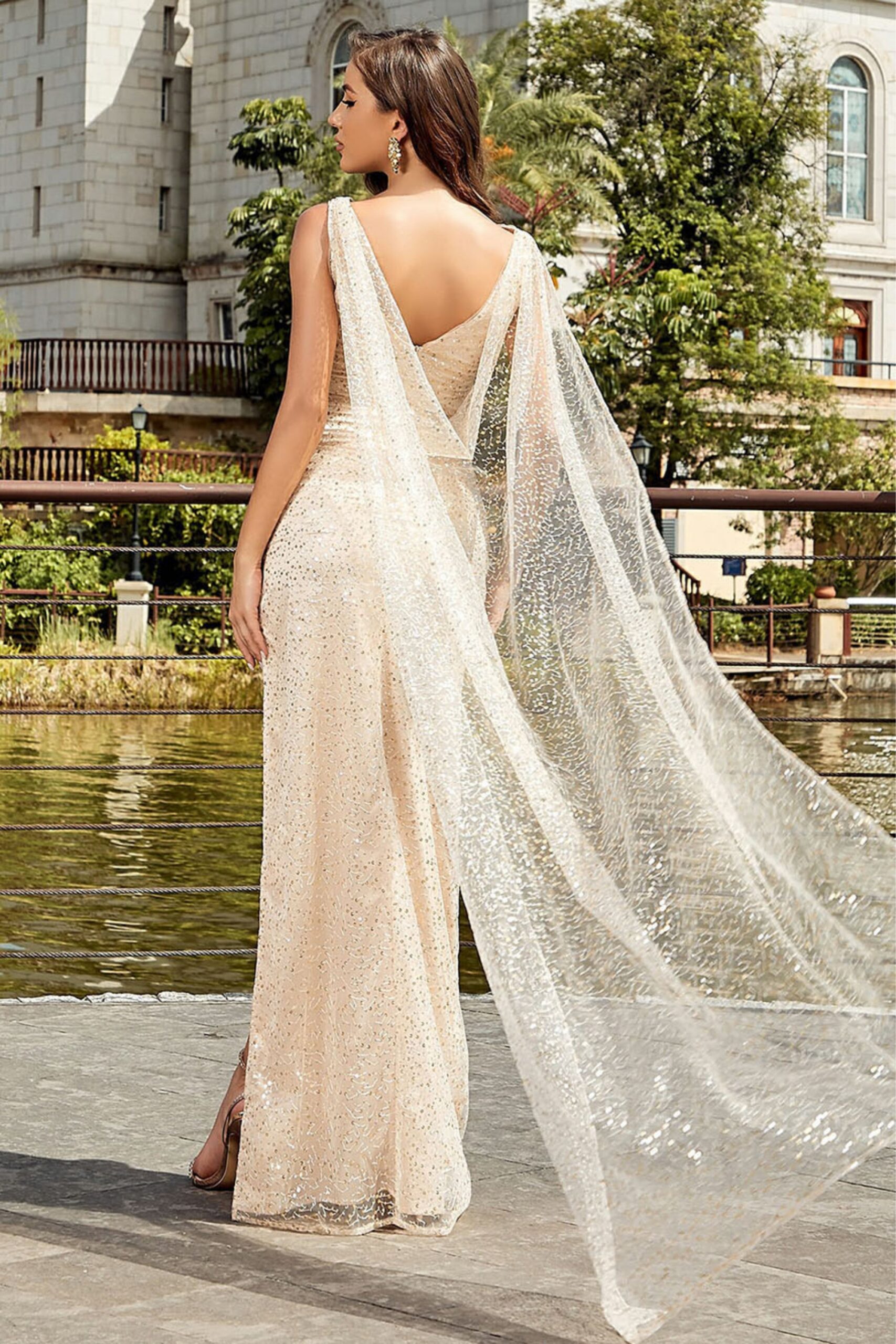 SEQUIN SLEEVELESS GAUZE MAXI DRESS FOR PARTY
