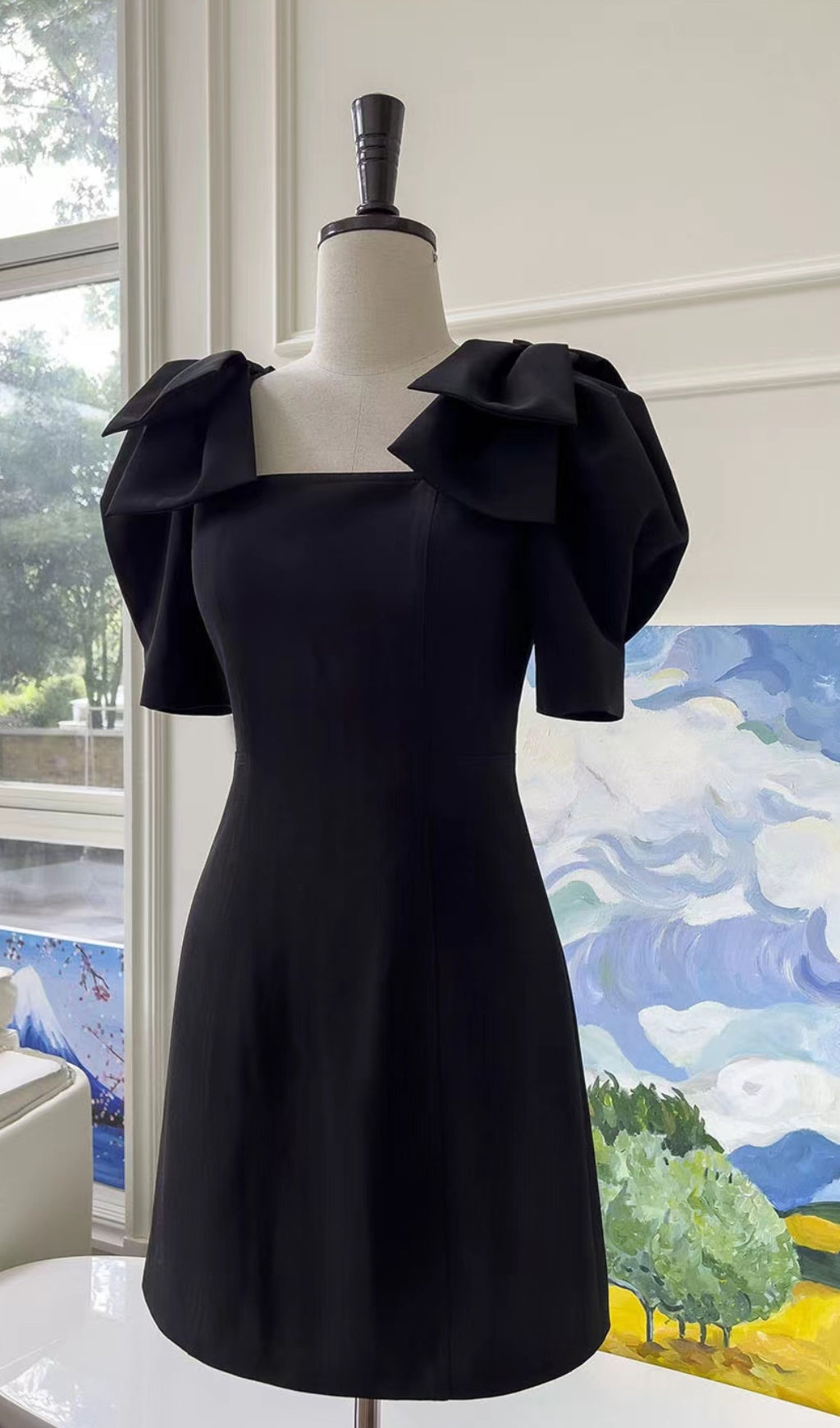 PATCHWORK BOW MIDI DRESS BLACK COCKTAIL