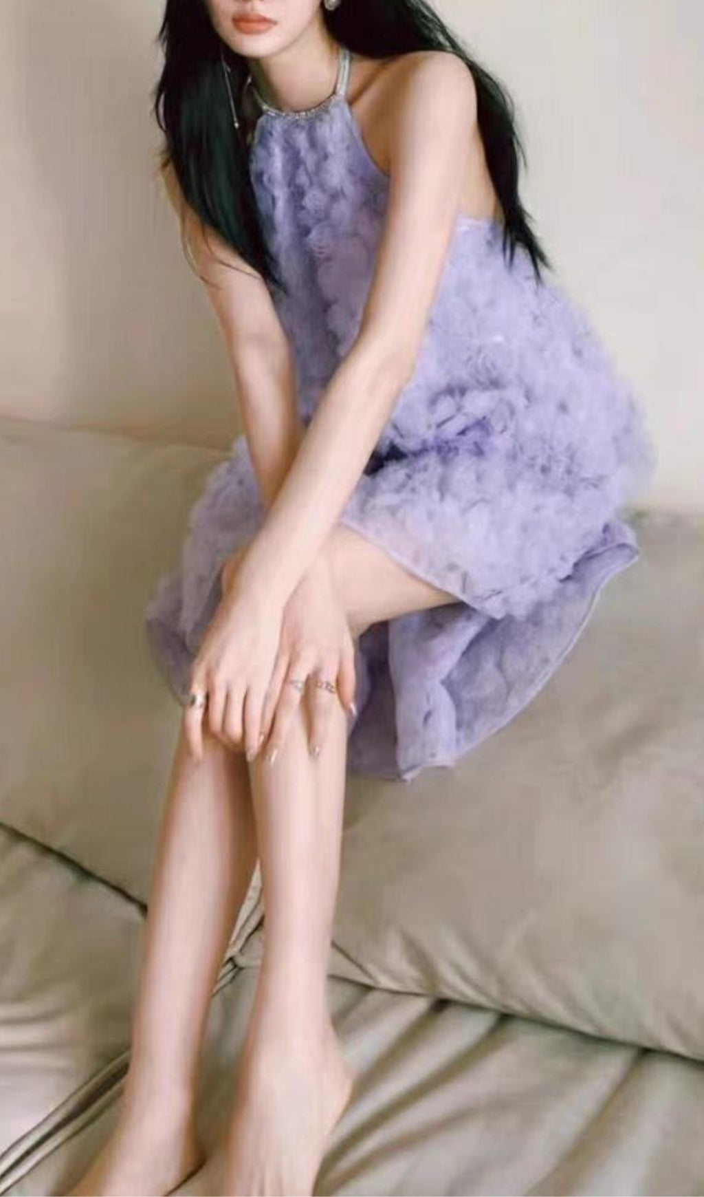 3D PURPLE ROSE HALTER BACKLESS MIDI DRESS