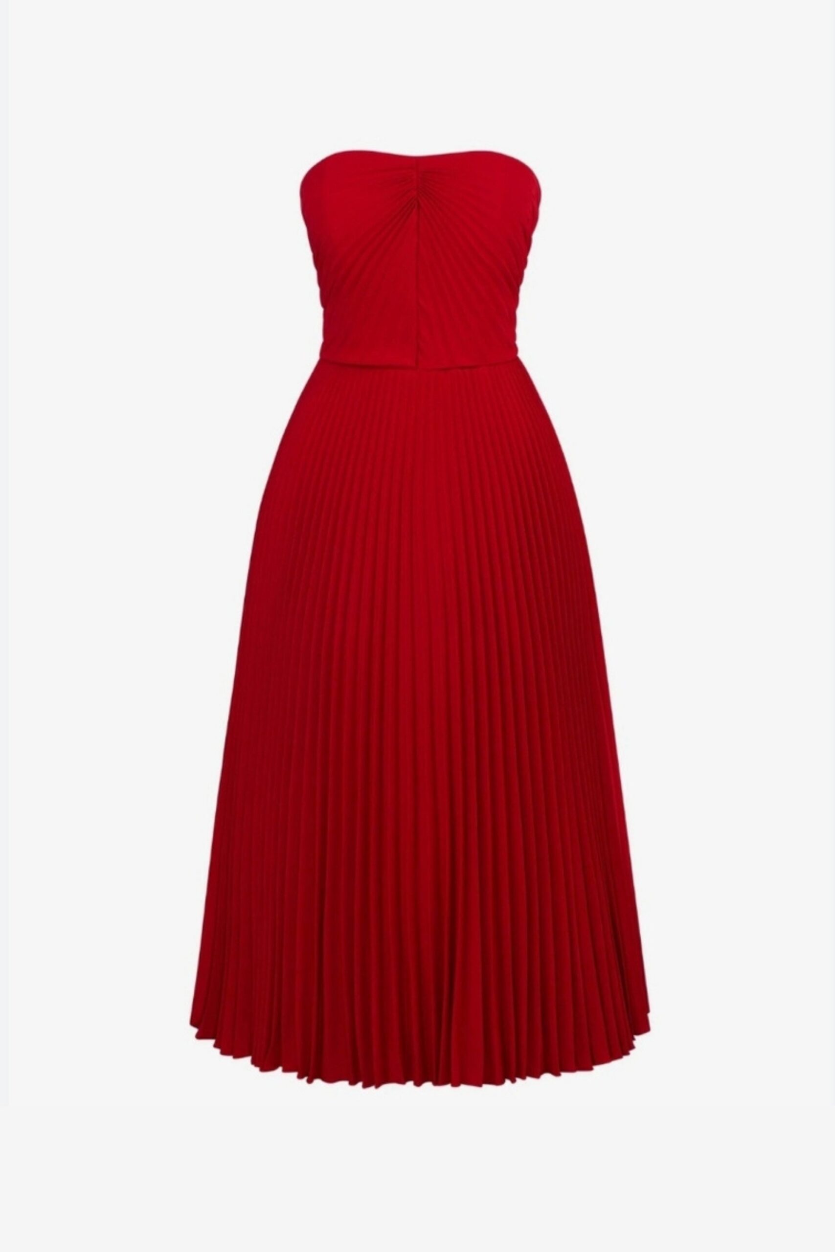 PLEATED STRAPLESS MIDI DRESS, WINE RED, FORMAL