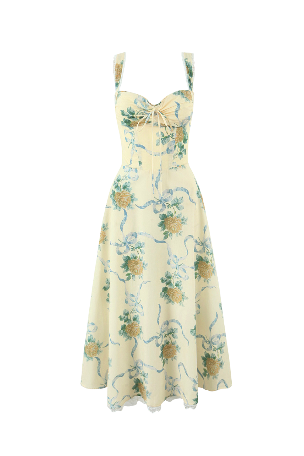 YELLOW FLORAL SWEETHEART MIDI DRESS FOR WEDDING GUESTS